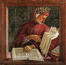 Medieval illumination showing Dante copying the 'libello' of the Vita Nuova